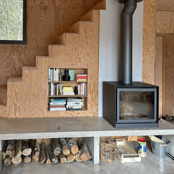 Feu dans un foyer, insert fermé dans salon